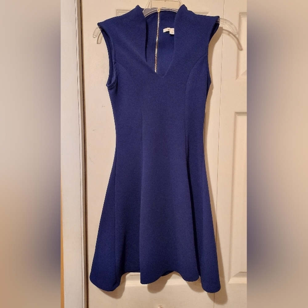 Mi Ami Skater Mini Dress Blue V Neck Back Zip Fit Flare Party Club Stretch